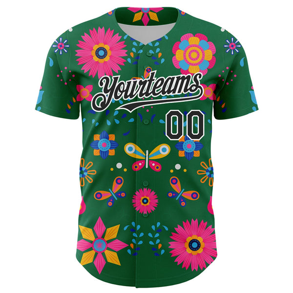 Custom Kelly Green Black-White 3D Mexican Festival Flower Cinco de Mayo Authentic Baseball Jersey alternate