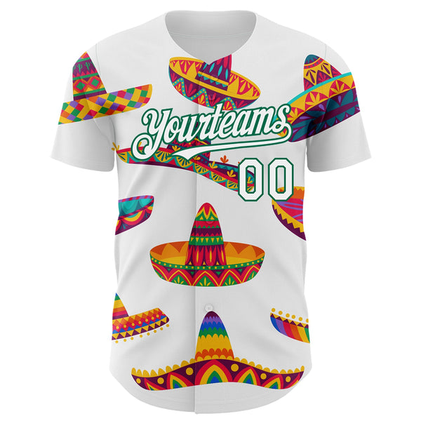 Custom White Kelly Green 3D Mexican Festival Sombrero Cinco de Mayo Authentic Baseball Jersey alternate