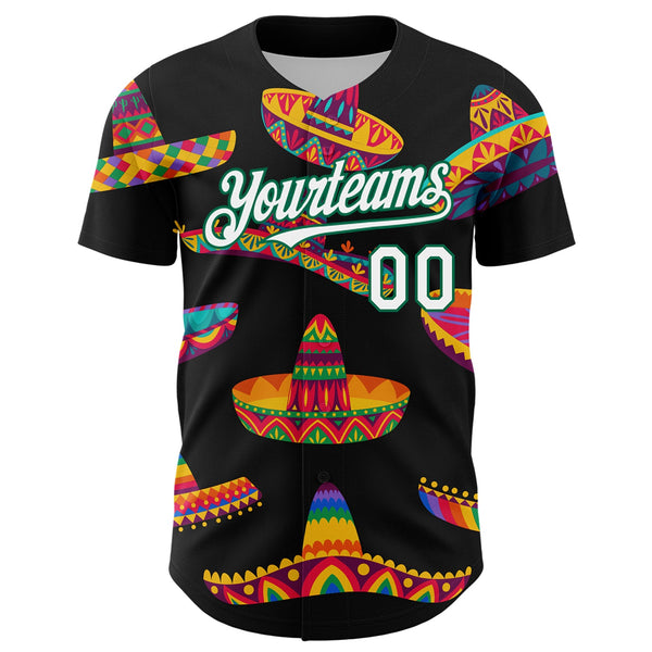 Custom Black White-Kelly Green 3D Mexican Festival Sombrero Cinco de Mayo Authentic Baseball Jersey alternate