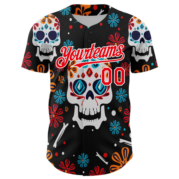 Custom Kelly Green Fire Red-White 3D Mexican Festival Flower And Skull Cinco de Mayo Authentic Baseball Jersey alternate