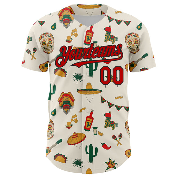 Custom Cream Red-Black 3D Mexican Festival Cactus Skull Sombrero Cinco de Mayo Authentic Baseball Jersey alternate