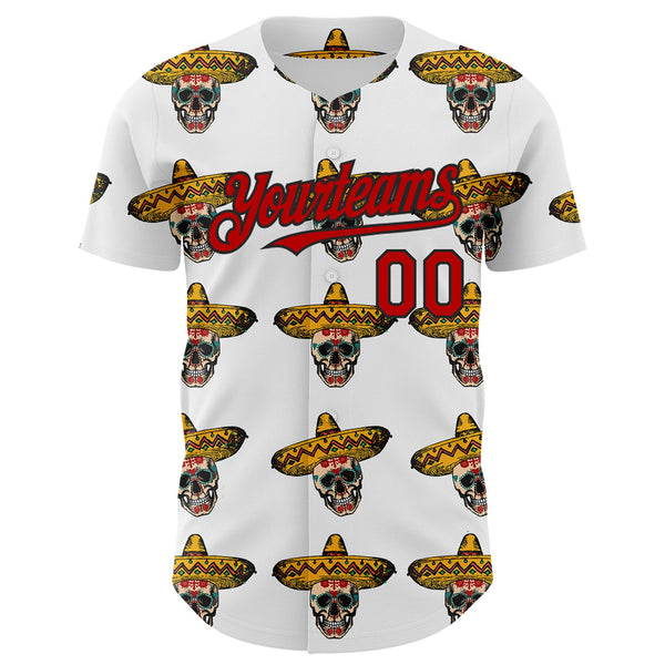 Custom White Red-Black 3D Mexican Festival Skull With Sombrero Cinco de Mayo Authentic Baseball Jersey alternate