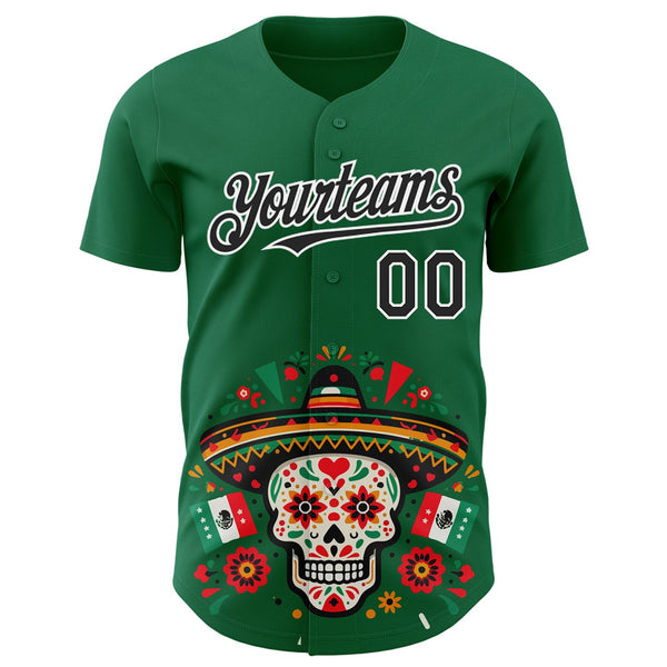 Custom Kelly Green Black-White 3D Mexican Festival Flag Skull With Sombrero Cinco de Mayo Authentic Baseball Jersey alternate