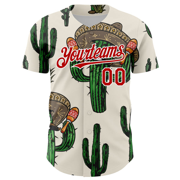 Custom Cream Red-White 3D Mexican Cactus Authentic Baseball Jersey alternate