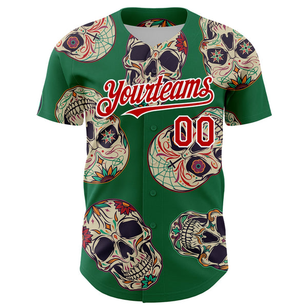 Custom Kelly Green Red-White 3D Mexican Skull Authentic Baseball Jersey alternate