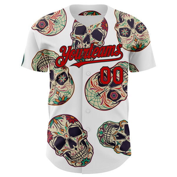 Custom White Red-Black 3D Mexican Skull Authentic Baseball Jersey alternate