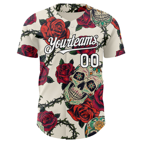 Custom Cream White-Black 3D Mexican Skull And Flower Authentic Baseball Jersey alternate