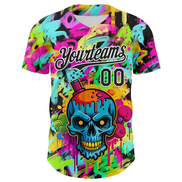 Custom Black White 3D Graffiti Skull Authentic Baseball Jersey alternate