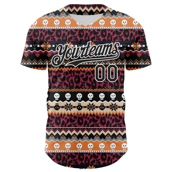 Custom Black White 3D Skull And Leopard Print Authentic Baseball Jersey alternate