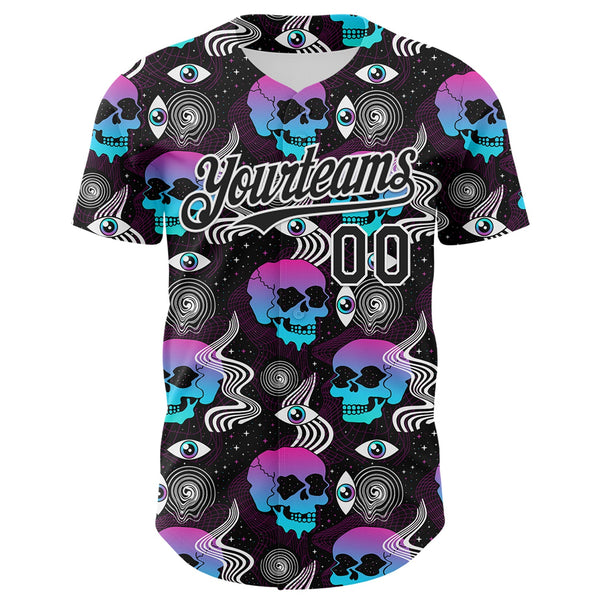 Custom Black White 3D Pattern Design Rave Psychedelic Skull Authentic Baseball Jersey alternate