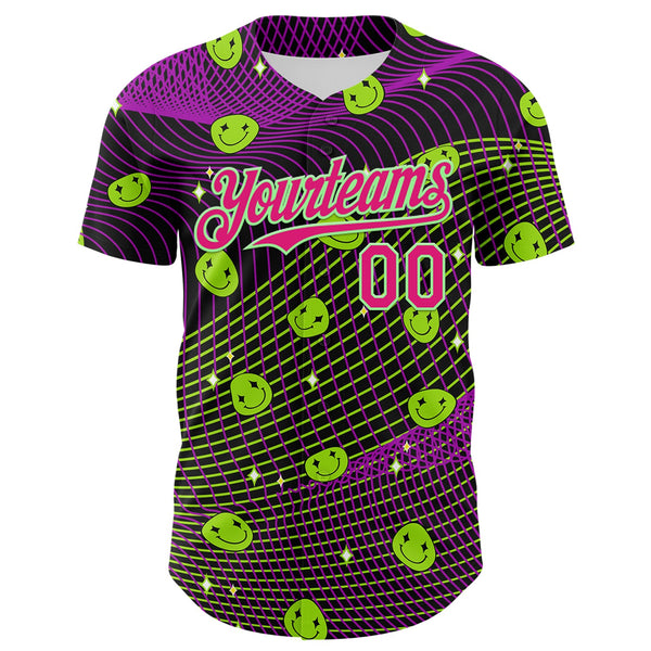 Custom Black Hot Pink-Pea Green 3D Pattern Design Rave Psychedelic Emoji Smile Authentic Baseball Jersey alternate