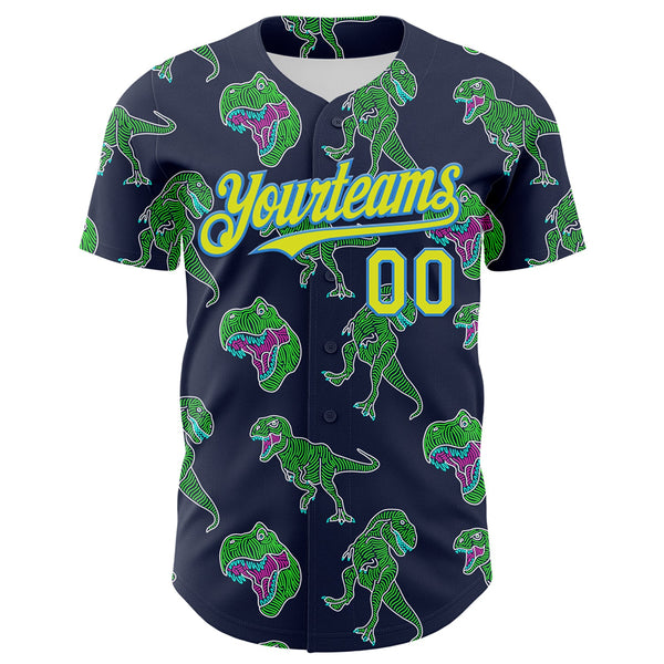 Custom Navy Neon Yellow-Electric Blue 3D Pattern Design Rave Psychedelic Neon Dinosaur Authentic Baseball Jersey alternate