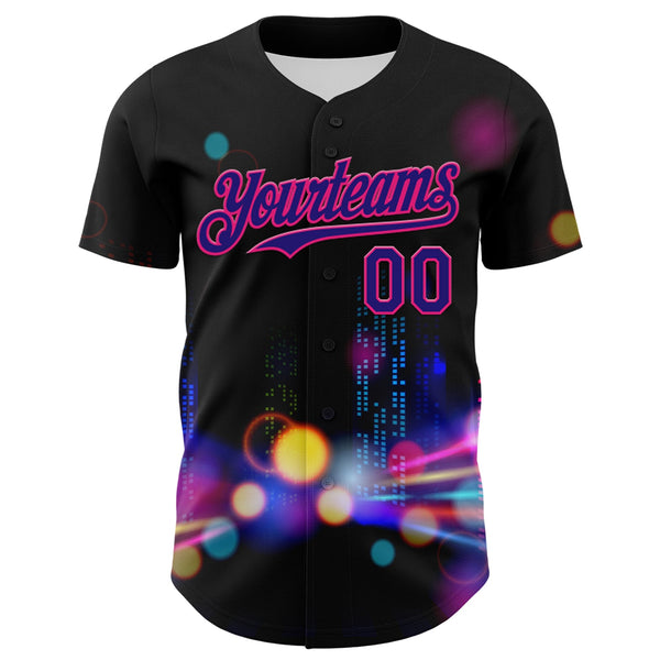 Custom Black Dark Purple-Hot Pink 3D Pattern Design Rave Psychedelic City Neon Authentic Baseball Jersey alternate