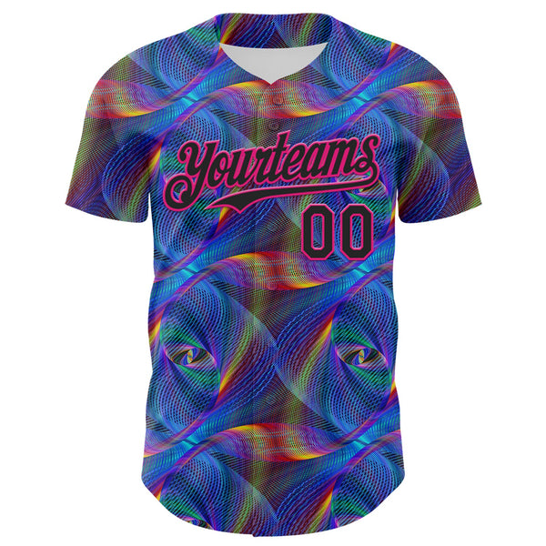 Custom Black Hot Pink 3D Pattern Design Rave Psychedelic Fractal Style Authentic Baseball Jersey alternate