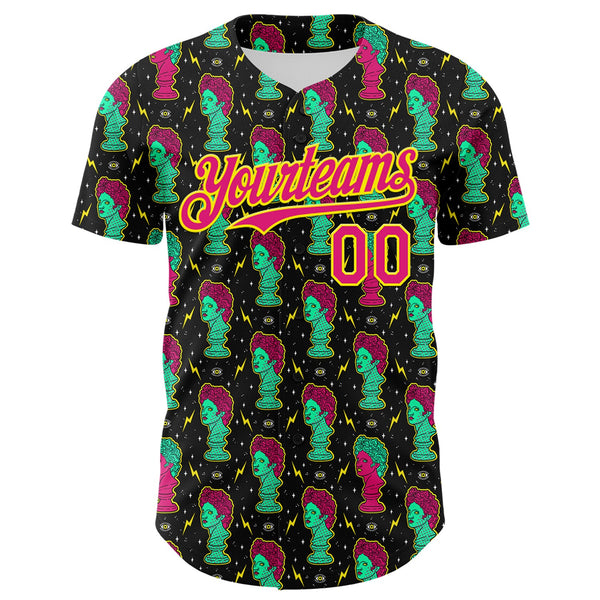 Custom Black Hot Pink-Light Yellow 3D Pattern Design Rave Psychedelic Sculpture Authentic Baseball Jersey alternate