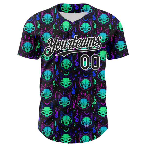 Custom Black White 3D Pattern Design Rave Psychedelic Neon Cat Skull Authentic Baseball Jersey alternate
