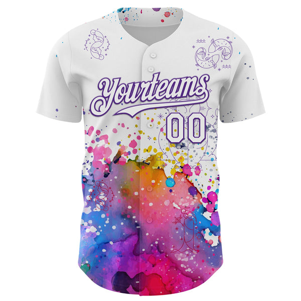 Custom White Purple 3D Pattern Design Graffiti Splash And Constellation Space Galaxy Star Authentic Baseball Jersey alternate