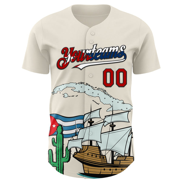 Custom Cream Red Black-Cuban Flag 3D Cuba Authentic Baseball Jersey alternate