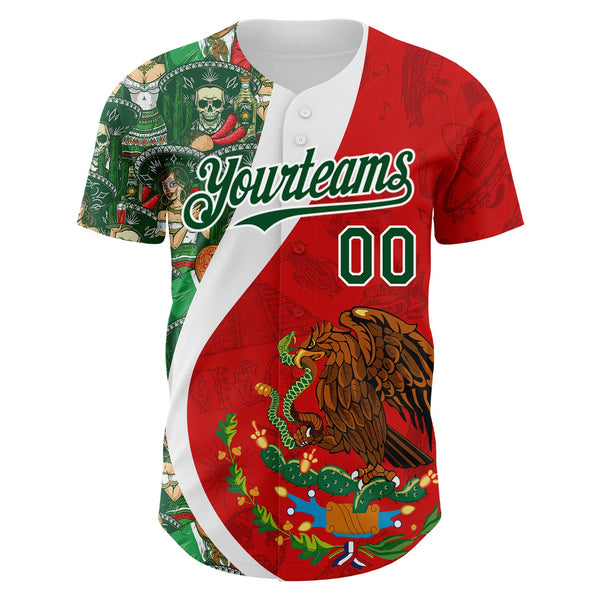 Custom Red Green-White 3D Mexico Authentic Baseball Jersey alternate