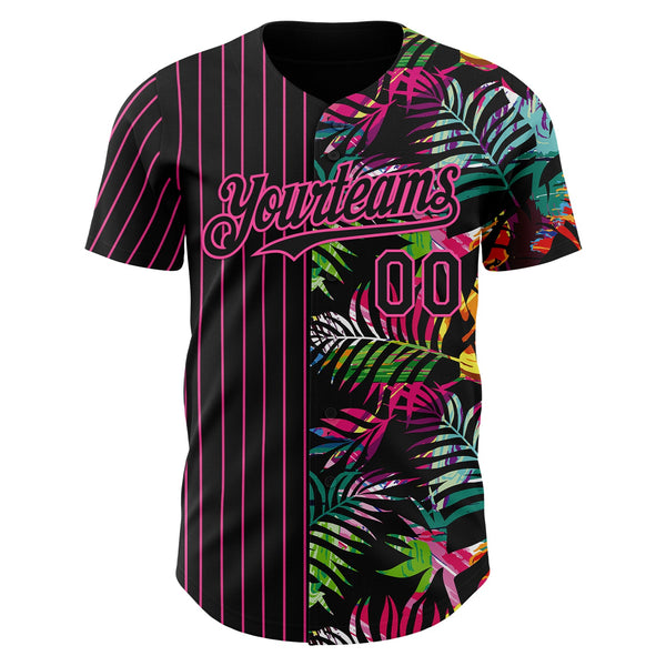 Custom Black Pink 3D Pattern Design Pinstripe Tropical Palm Leaves Authentic Baseball Jersey alternate