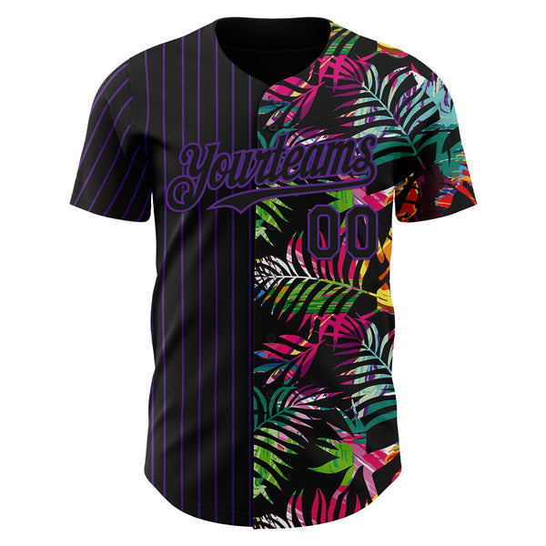 Custom Black Purple 3D Pattern Design Pinstripe Tropical Palm Leaves Authentic Baseball Jersey alternate
