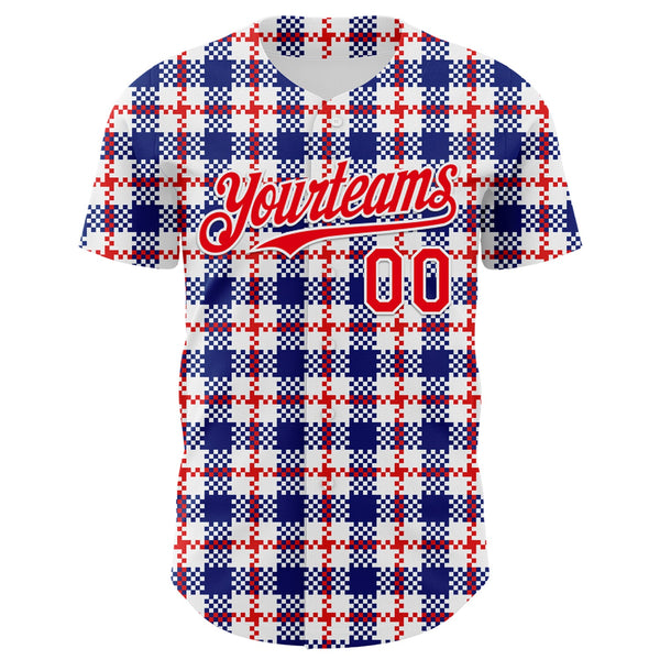 Custom White Fire Red-Royal 3D Pattern Design Patriotic American Symbol Plaid Authentic Baseball Jersey alternate