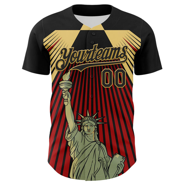 Custom Black Red-Old Gold 3D Pattern Design Patriotic American Symbol Statue of Liberty Authentic Baseball Jersey alternate