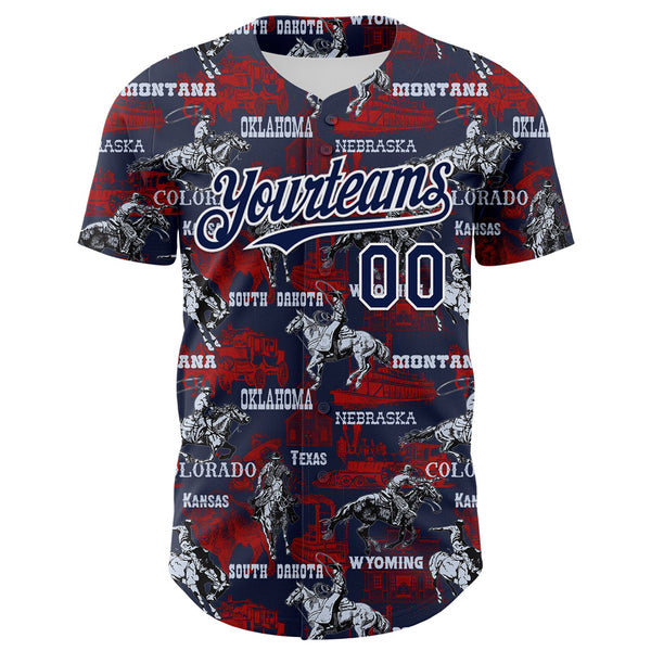 Custom Navy White 3D Pattern Design Patriotic American Spirit Rodeo Cowboy Authentic Baseball Jersey alternate