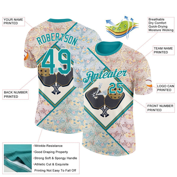 Custom Cream Teal-White 3D Pickleball Paddles Balls Floral Performance T-Shirt alternate