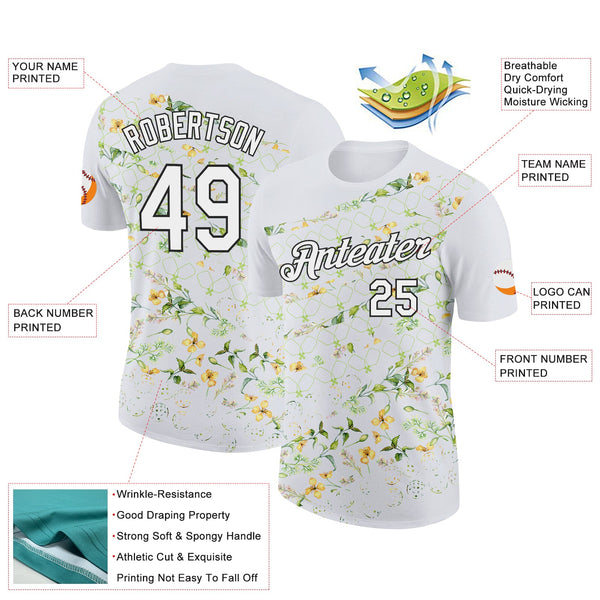 Custom White Black 3D Pickleball Paddles Balls Floral Performance T-Shirt alternate