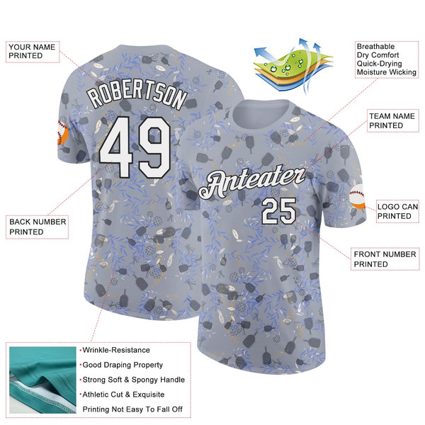 Custom Gray White-Black 3D Pickleball Paddles Balls Floral Performance T-Shirt alternate