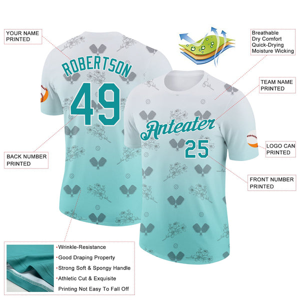 Custom Blue Teal-White 3D Gradient Pickleball Paddles Balls Floral Performance T-Shirt alternate