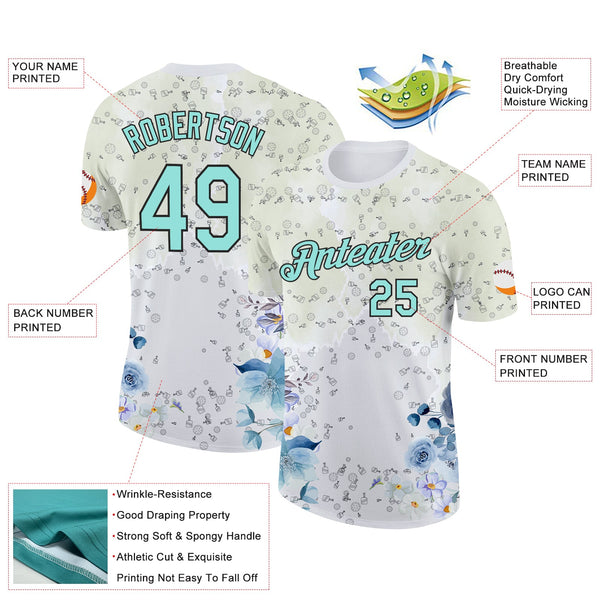 Custom White Ice Blue-Black 3D Pickleball Paddles Balls Floral Performance T-Shirt alternate