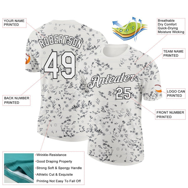 Custom Cream White-Black 3D Pickleball Paddles Balls Floral Performance T-Shirt alternate