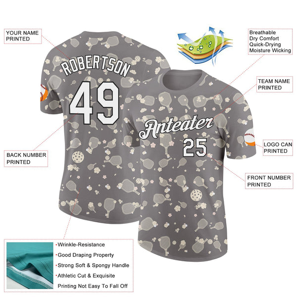 Custom Gray White-Black 3D Pickleball Paddles Balls Floral Performance T-Shirt alternate