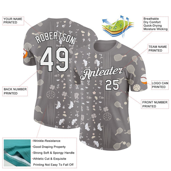 Custom Gray White-Black 3D Pickleball Paddles Balls Floral Performance T-Shirt alternate