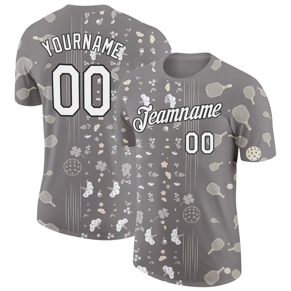Custom Gray White-Black 3D Pickleball Paddles Balls Floral Performance T-Shirt