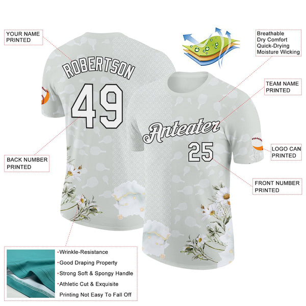 Custom Gray White-Black 3D Pickleball Paddles Balls Floral Performance T-Shirt alternate