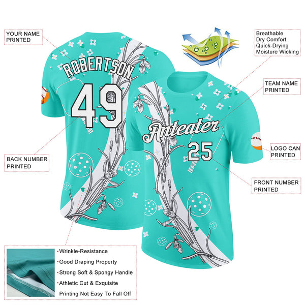 Custom Green White-Black 3D Pickleball Paddles Balls Floral Performance T-Shirt alternate
