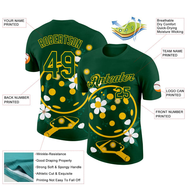 Custom Green Yellow 3D Pickleball Paddles Balls Floral Performance T-Shirt alternate