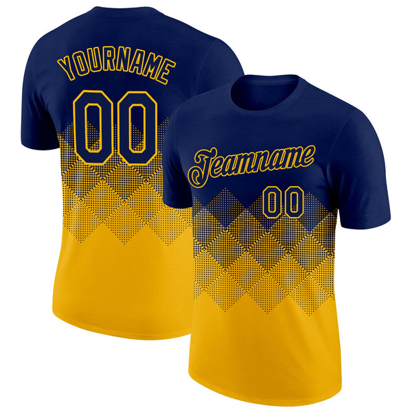 Custom Navy Gold 3D Pattern Design Gradient Square Shapes Performance T-Shirt