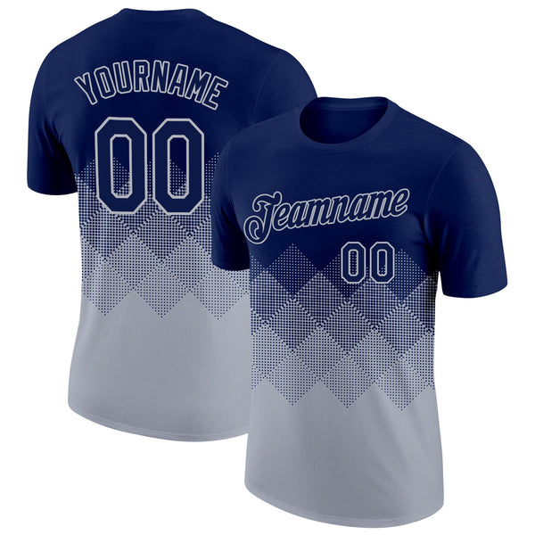 Custom Navy Gray 3D Pattern Design Gradient Square Shapes Performance T-Shirt