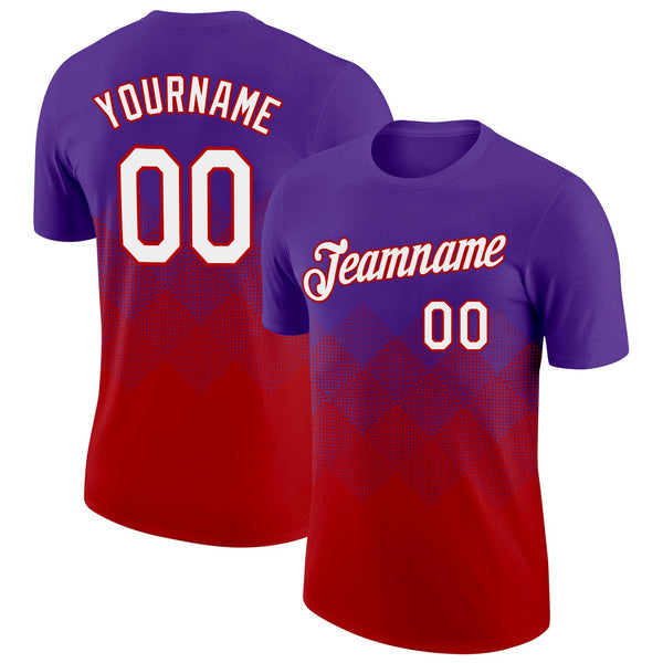 Custom Purple White-Red 3D Pattern Design Gradient Square Shapes Performance T-Shirt