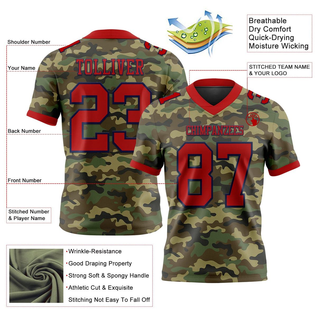 Custom Camo Red-Navy 3D Pattern Salute To Service Authentic Football Jersey - Front