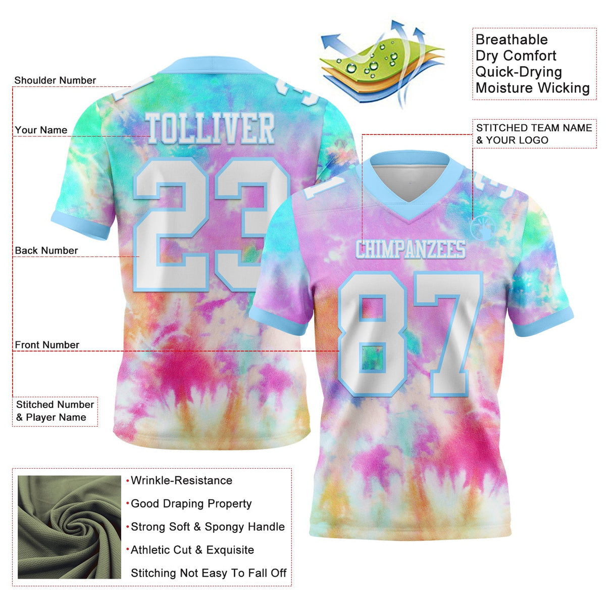 Custom Tie Dye White-Light Blue 3D Pattern Rainbow Authentic Football Jersey - Front