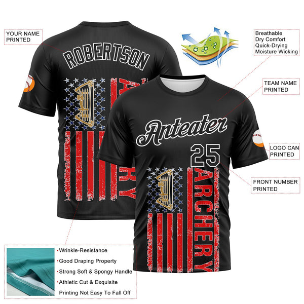 Custom Black Fire Red-White 3D Pattern Design Arrow Archery Bow Target American Flag Performance T-Shirt alternate
