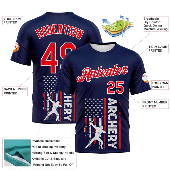 Custom Navy Fire Red-White 3D Pattern Design Arrow Archery Bow Target American Flag Performance T-Shirt alternate
