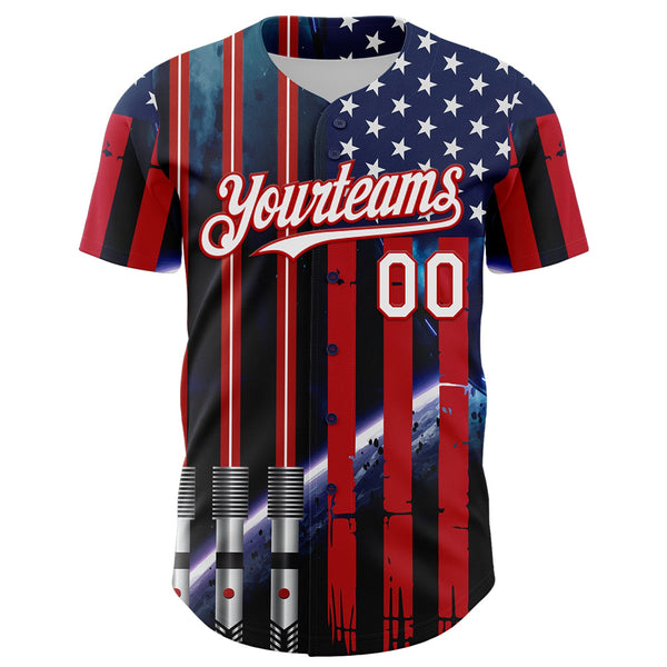 Custom Blue White-Red 3D Pattern Design American Flag Outer Space Light Swords Authentic Baseball Jersey alternate