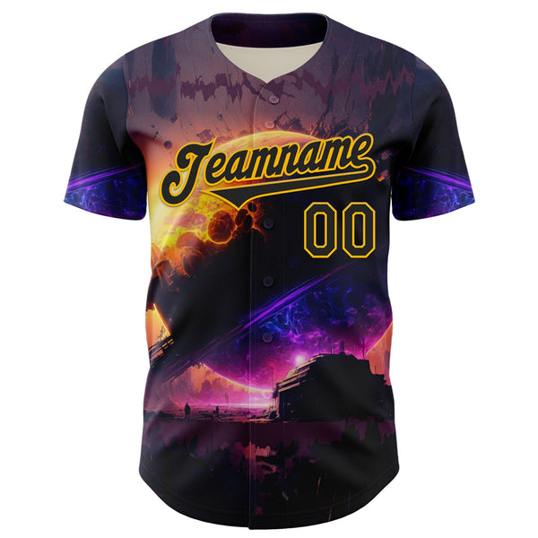 Custom Black Gold 3D Pattern Design Outer Space Solar Authentic Baseball Jersey alternate