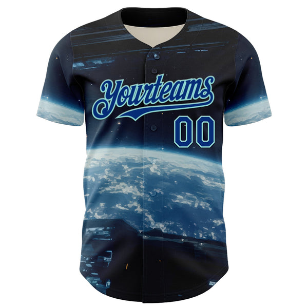 Custom Black Royal-Ice Blue 3D Pattern Design Outer Space Starships Authentic Baseball Jersey alternate